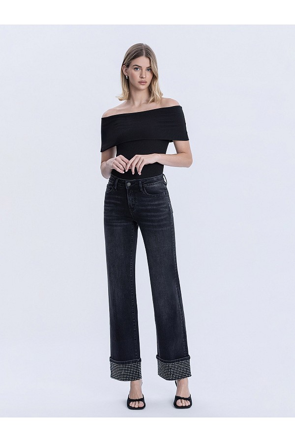 MID RISE RHINESTONE CUFFED BLACK SL...